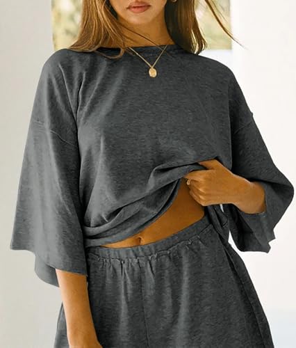 Image of Tankaneo Womens Pajama Sets 3 /4 Sleeve Oversized Tops & Loose Fit Shorts Lounge Set with Pockets Loungewear