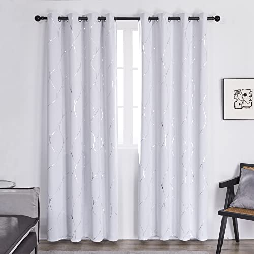Deconovo Lot de 2 Rideau Occultants Isolants Rideau Chambre Garcon a Oeillets avec Motif Argente Blanc Pale Gris 140x175cm