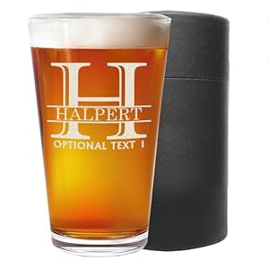 Personalized Etched 16oz Pint Beer Glass – Beer Gifts, Custom Engraved Drinking Glasses, Customized Retirement Gift for Men, Birthday Gifts for Him, Beer Lover Cup, Groomsmen Wedding, Halpert Monogram