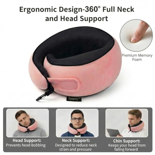 Image of Memory Foam Wrap Around Travel Neck Pillow for Airplane, Pink | Travel pillow for airplanes with adjustable 360 neck support, breathable, washable cover, eye mask, earplugs & compact bag