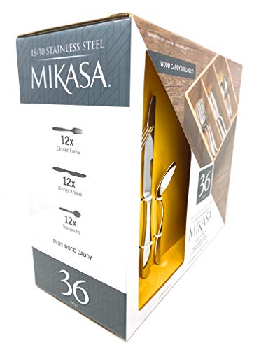 Mikasa 5227816 Hamilton 36-Piece 18/10 Stainless Steel Flatware Set,Plus wood Caddy for Entertaining