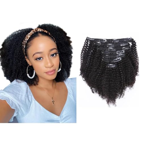 Afro Kinky Curly Clip in Human Remy Hair Extensions Brazilian Curly Clips Hair Extensions 4B 4C 8A Virgin Thick Natural Black Color Clip on For Black Women 10-22 inch (12 inch, AC #1B)