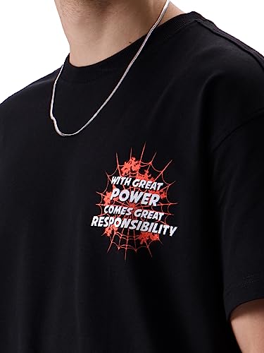 Image of The Souled Store Official Marvel: Spider x Venom Oversized T-Shirt for Men Boys Cotton Casual Half Sleeves Baggy Loose Fit Drop Shoulder Round Neck Black
