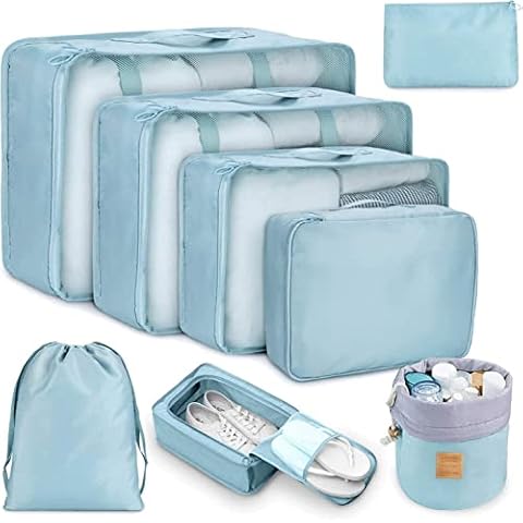 DIMJ 8 Pack Packing Cubes for Suitcase, Travel Luggage Organiser Set, Suitcase Organiser Bags for Clothes, Shoes, Cosmetics, Toiletries (Light Blue) Cover