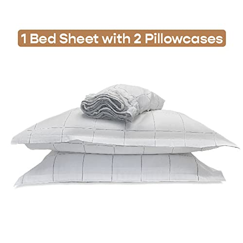 Image of SleepyCat Printed Fitted Bedsheet Set 100% Cotton 200TC Percale Combed Yarn with a Durable Elastic & AZO Free with 2 Standard Size Pillow Cases (Queen Size 78x60) Overboard Check