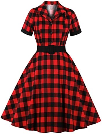 Women Notched Lapel Collar 50s 60s Vintage Buffalo Plaid Cocktail Swing Dress Short Sleeve V-Neck Buttons 1950s Audrey Hepburn Rockabilly Prom Dress Wedding Midi Evening Dress with Belt Red-Plaid L