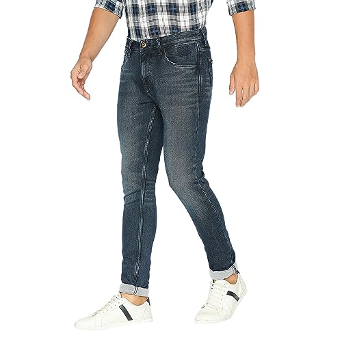 Image of LAWMAN PG3 Midnight Blue Skinny Fit Solid Jeans for Men's