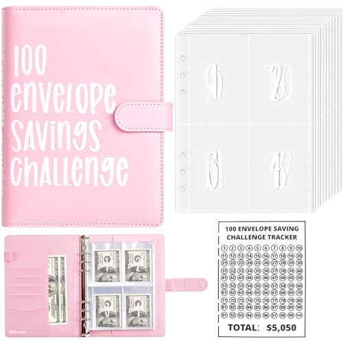 GEDunique 100 Envelopes Money Saving Challenge, New 100 Envelope Challenge Binder, Easy and Funny Way to Save $5,050 Budget Planner, 100 Day Envelope Challenge Kit Money Saving Book for Cash Pink