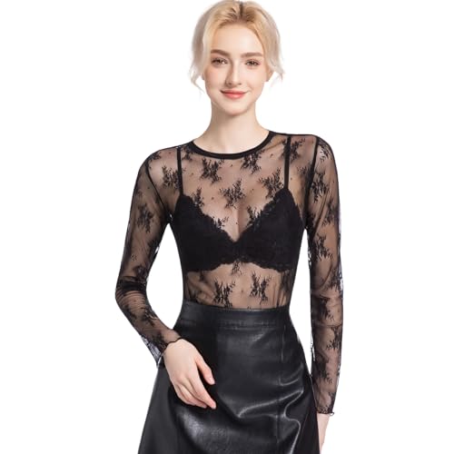 Womens Long Sleeve Sheer Mesh Tops Sexy Crewneck See Though Lace Shirts Layering Fishnet Undershirts Slim Fitted4