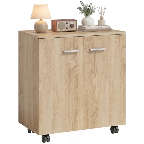HOMCOM Aparador con Ruedas, Aparador de Salón con 2 Puertas y Estantes, para Sala de Estar, Dormitorio, Oficina, 60x35x65 cm, Natural