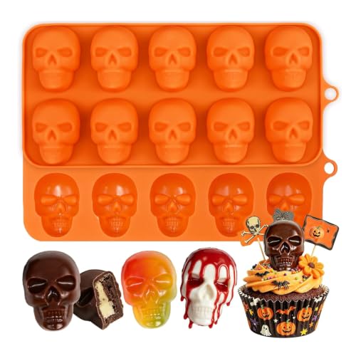 Halloween Silicone Molds 8-Cavity Chocolate Molds with Skull Shapes Spooky Fall Silicone Candy Molds for Baking Cake Soap Wax Melts Jelly Pudding 2Pcs
