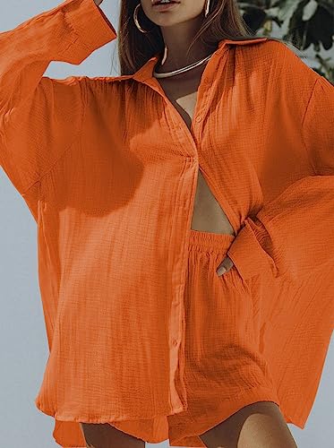 Image of Fixmatti Women 2 Piece Outfits Long Sleeve Button Down Blouse and Shorts Sweatsuit Sets