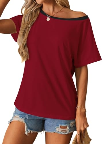 Image of Hilinker Womens Sexy Off The Shoulder Tops Short Batwing Sleeve T Shirt Oversized Casual Tee