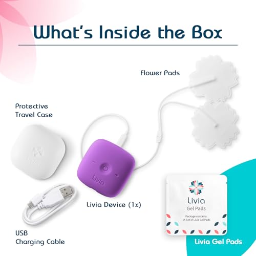 Image of Livia Menstrual Pain Relief Device, Purple - Off-Switch for Period Pain - Portable & Discreet - Rechargeable, Up to 8 Hours Battery - Complete Kit with Stick-On Pads - The Go-to Travel Partner