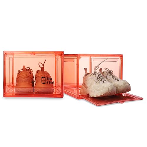 Image of House of Quirk Shoe Organizer, Shoe Storage Boxes, Large Shoe Boxes with Magnetic Door, Clear Stackable Plastic Shoe Containers (Pack of 4, Red)