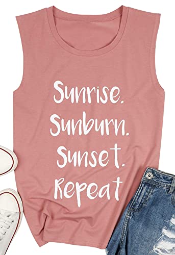 Womens Sunrise Sunburn Sunset Repeat Tank Tops Country Music Vacation Sleeveless T-Shirt Funny Letter Graphic Tops #TOP2