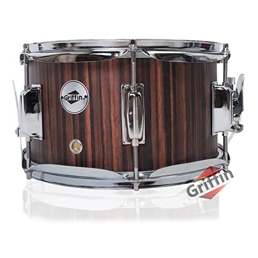 GRIFFIN Snare Drum 10"x6" Poplar Wood Shell (PopcornPUNCH Edition) – Mini Snare with Black Hickory PVC, Throw Off, Drum Key & Coated Head
