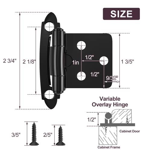 Hosom 1/2 Inch Overlay Black Cabinet Hinges, 50 Pcs (25 Pairs) Self Closing Cabinet Hinge For Kitchen & Bath，Flush Face Mount Cabinet Hardware With Upgraded Screws #TOP2