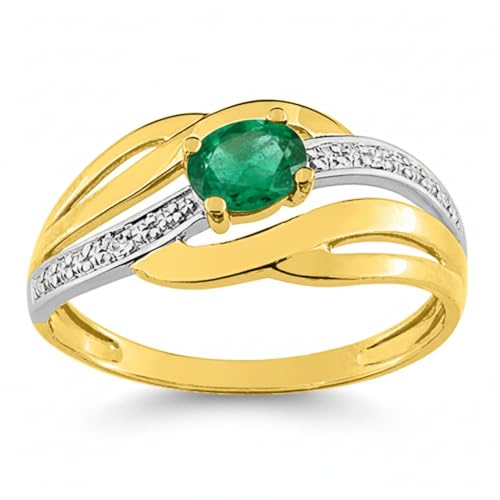 Bijouxenvogue Anello Oro Giallo, Rodiato Bianco Oro Diamante 0.01ct GH P2 Smeraldo Dimensione 64