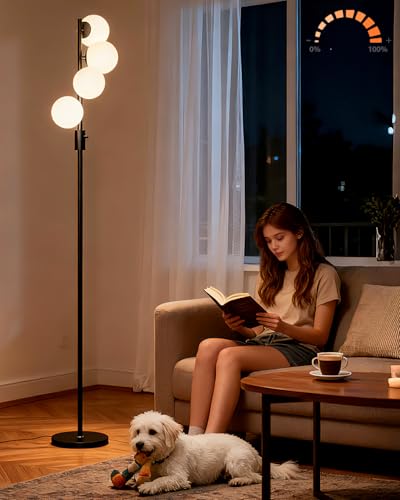 Image of Lightdot 64IN Dimmable Globe Floor Lamp, Black Standing Lamps with 4PCS 3000K Bulbs Included, Mid Century Modern Floor Lamp with 5Lbs Heavy Base for Living Room /Sofa Beside /Corner Decor