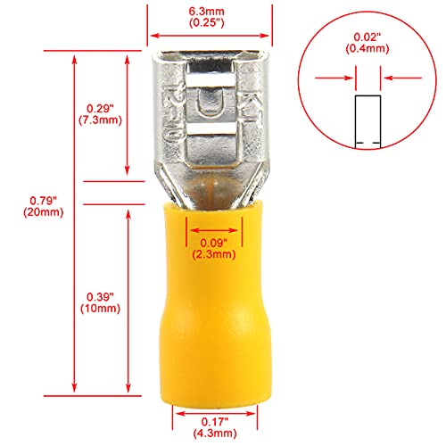 Baomain FDD 5.5-250 1/4 Inch Female Quick Disconnects Vinyl Insulated Spade Wire Connector Electrical Crimp Terminal 12-10 Awg Yellow  thumb #3
