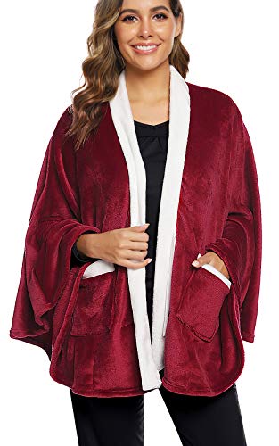 ZEGOLO Flannel Faux Poncho for Women Lightweigh Blanket Warm TV Shawl Winter Coat