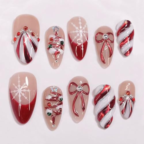 30Pcs Christmas Press on Nails Medium Almond French Tip Fake Nails with Xmas Tree Bow Rhinestones Designs Winter Christmas Acrylic Nails Red Almond Nails Tips Full Cover Glue on Nails for Women