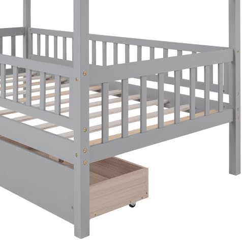 Miniatura 9 de Bellemave Cama de casa de tamaño individual con valla y 2 cajones, marco de cama Montessori de madera para niños con barandillas para niñas y niños