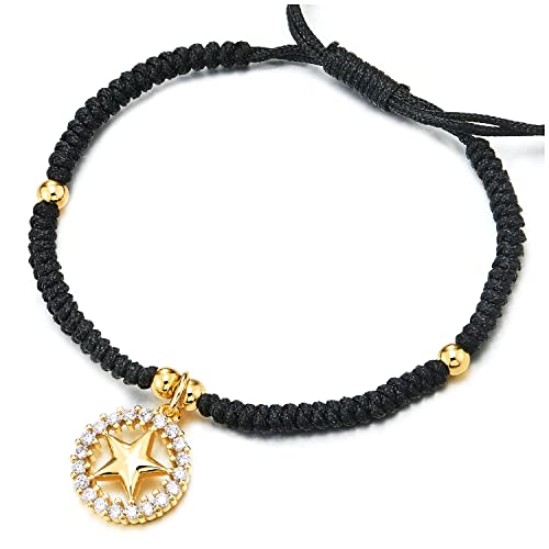 Coolsteelandbeyond Womens Black Braided Cotton Rope Wrap Bracelet With Cubic Zirconia Circle Star Charm, Adjustable #TOP7