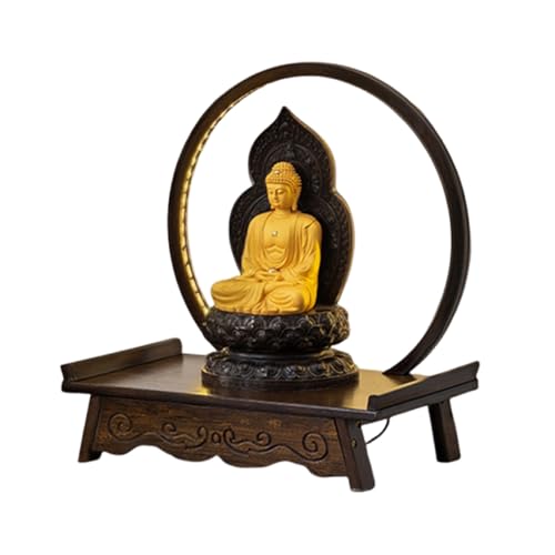 Image of SHYJSGHZ Small Puja Table, Bamboo Prayer Meditation Table with LED Light, Chinese Buddhist Shrine Cabinet for Living Room, Bedroom, Office(Brown,15.7 * 9.1 * 4.3in)