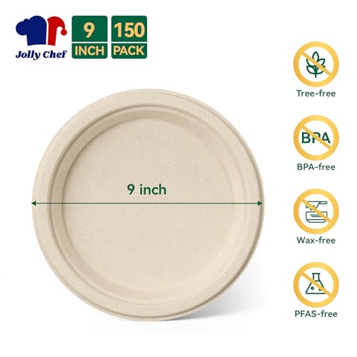JOLLY CHEF 100% Compostable Paper Plates, 150 Pack 9 Inch Heavy Duty Plates, Disposable Biodegradable Eco-Friendly Sugarcane, Bulk Nature
