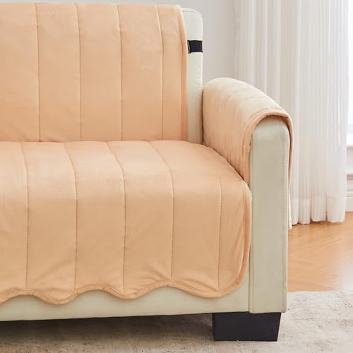 Image of Great Bay Home Velvet Loveseat Cover - Washable Slipcover Furniture Protector with Elastic Straps - Furniture Cover for Dogs, Kids, and Pets - Stitched Detail (Peach)