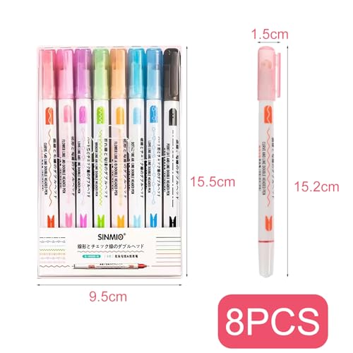 zoerbufan 8 Farbige Kurvenstifte für Notizen, Stifte mit Doppelspitze, Curve Textmarker mit 8 verschiedenen Kurvenformen, Besondere Stifte für Kinder, Tagebuch, Notizen, Zubehör