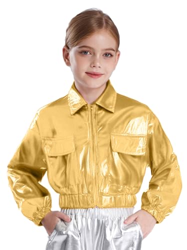 Jhaoyu Kids Girls Shiny Metallic Jacket Coat Long Sleeve Turn-down Collar with Flap Pockets For Hip Hop Dancewear