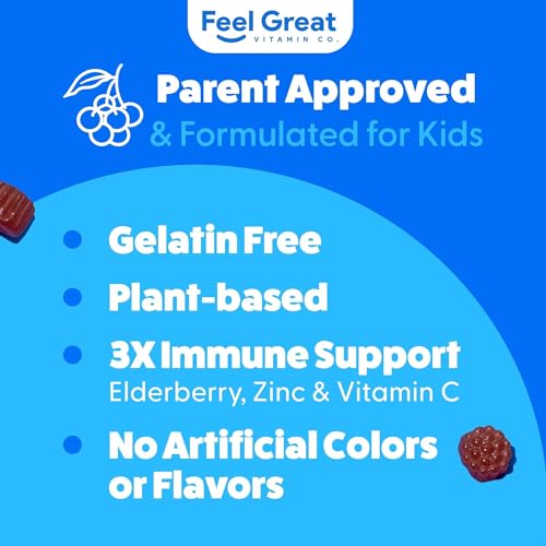Image of Feel Great Kids Elderberry Gummies with Zinc and Vitamin C | Immune Support Sambucus Elderberry | Berry Flavored Vegan Kids Multivitamins | 60 Day Supply