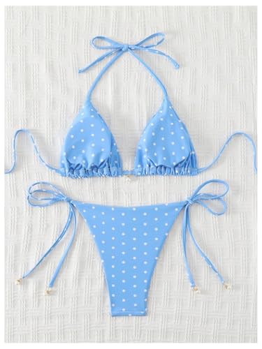 Image of SOLY HUX Women's Polka Dots Print Bathing Suit Halter Triangle Tie Side Bikini Sets Two Piece Swimsuit