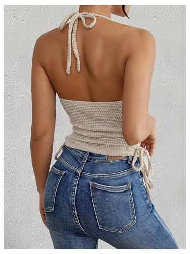 OYOANGLE Women's Metal Strap Ruched Tie Back Halter Tops Sleeveless Waffle Knit Tie Side Cami Tops2