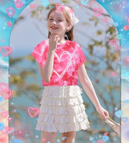 Image of Tkria Girl Crop Tops Valentine Short Sleeve Tshirt Tie Dye Heart Teen Girls Shirt Clothes 6-14 Years