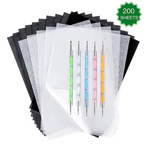 200 Sheets Carbon Paper Black Graphite Paper Transfer Tracing Paper and 5 Pieces Ball Embossing Styluses for Wood, Paper, Canvas and Other Art Craft Surfaces (Black&White)