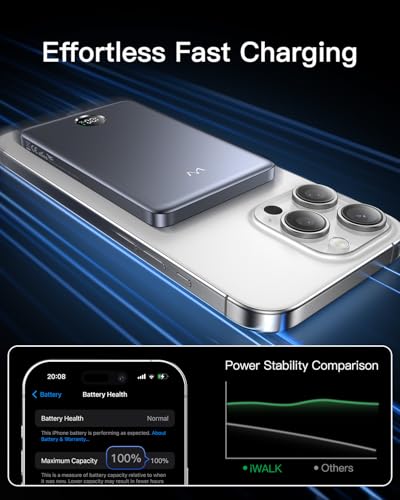 Image of iWALK Magnetic Portable Charger, 5,000mAh Ultra-Slim Power Bank Wireless Charging Battery Pack with LED Power Display, Comfortable Grip Powerbank Compatible with iPhone 17 /16 /15 /14 /13 Series, Gray