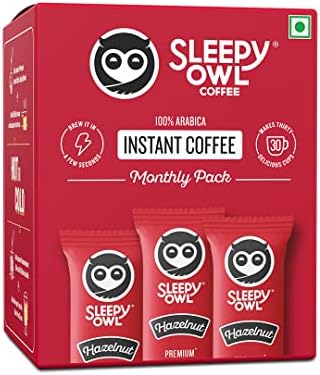 Sleepy Owl Hazelnut Flavour 100% Arabica Coffee Sachets | 60g - Pack of 30 x 2g Instant Coffee Powder Sachets | Nutty & Bold | Travel Friendly