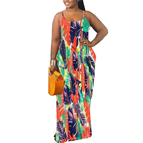 Image of BFFBABY Womens Summer Suspender Maxi Dress Plus Size Striped Printed Sleeveless with Pockets and Belt