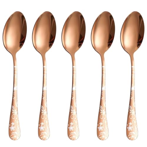 Image of 8 inch Rosegold Silverware Dinner Spoons with Floral Printed Handle | 5-Piece Premium Stainless Steel Flatware Set | Dishwasher Safe Cutlery Set for Home, Restaurant & Gifting