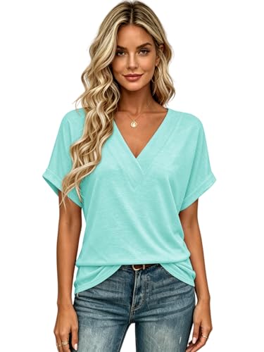 Image of T Shirts Short Sleeve V Neck Tees Womens Tops Beach Vacation Fashion Clothes 2026 Casual Summer Spring Fall Outfits