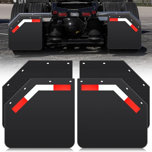 BBTO 4 Pack 24" x 24" Angled Mud Flaps for Semi Trucks 1/5" Thick Black Heavy Duty Mudflaps with 8 Pcs PVC Night Reflective Stickers Fit for Semi Trucks Trailers