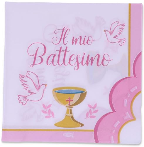 Graziano, Servilletas de papel para bautizo, color rosa, paquete de 20 servilletas, formato 33 x 33 cm, para buffet dulces party