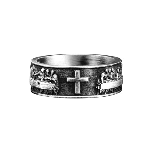 BySilveStone - Last Supper Cross Engraved Mens Band Ring in Silver, Handmade Exclusive Christian Jewelry
