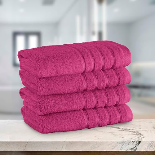Image of Elegant Comfort 100% Turkish Cotton 4 Lines Viscose Stripe Luxury 4 Pack Hand Towel Set - Ultra Absorbent and Soft 16 x 28 Inch Premium Hotel Spa Quality Towels for Everyday Bath Use, Hot Pink