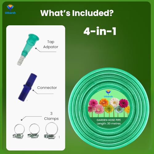 Image of Utkarsh Heavy Duty PVC Braided Water Hose Pipe - 30 Meter / 0.5 inch, with 1 Tap Adapter, Connector & 3 Clamps for Garden, Car Wash, Floor Clean, Pet Bath, Easy to Use Indoor /Outdoor (98.4 feet)
