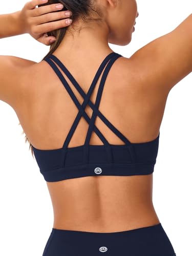 Image of Women's Strappy Sports Bras Light Compression Crop Criss Cross Back Padded Workout Yoga Bra Supportive U Neckline